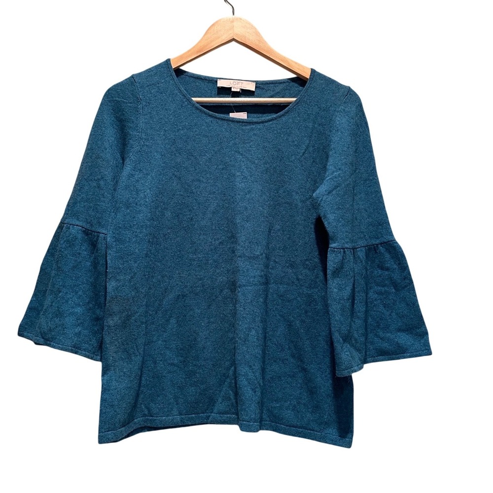 Loft Flounce Sleeve Knit Top Wool Blend Medium Teal Shirt NWT
